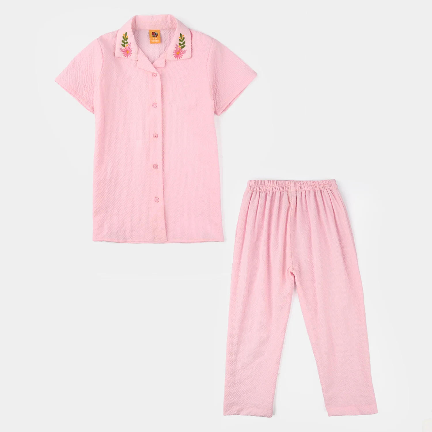 Girls Poly Crinkle Embroidered Co-Ord Set (Butterfly) - Light Pink
