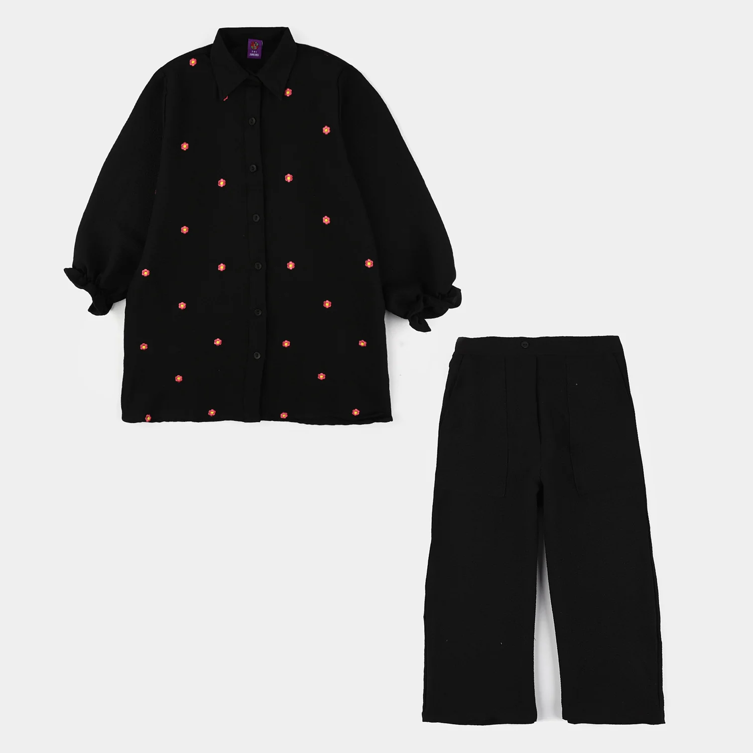 Girls Poly Crinkle Embroidered Co-Ord Set (Floral Set) – Black