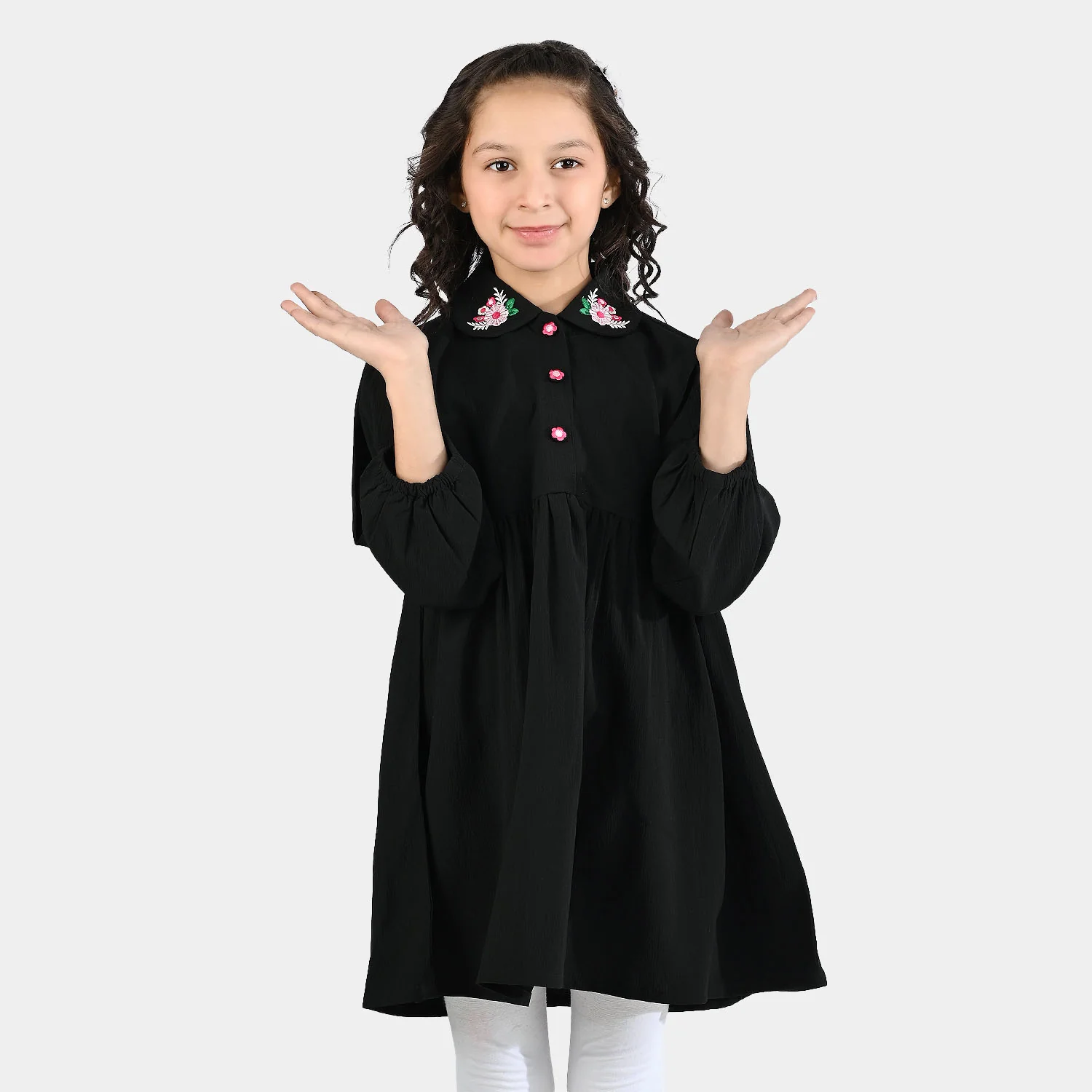 Girls Poly Crinkle Emb Frock-BLACK