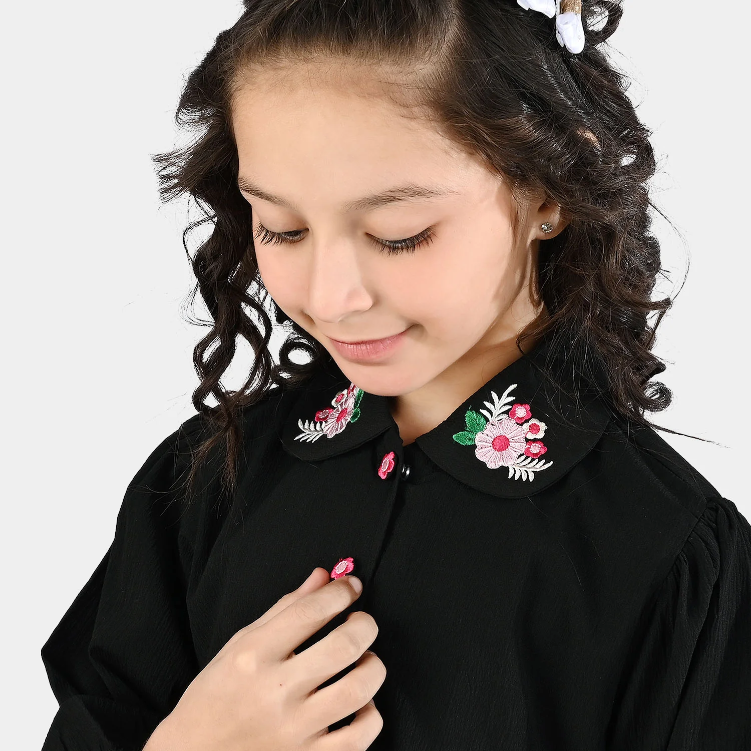 Girls Poly Crinkle Emb Frock-BLACK - Image 2