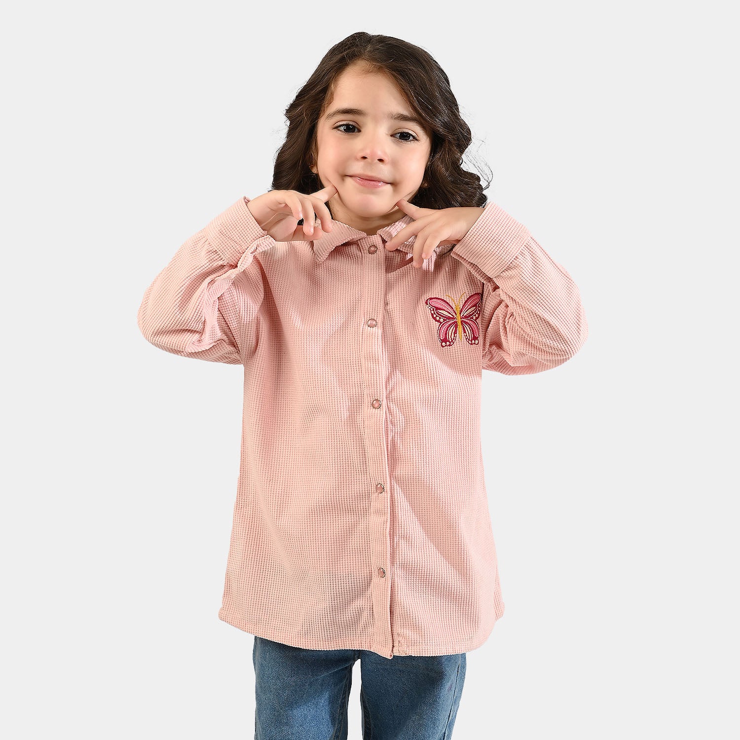 Girls Poly Crinkle Emb Top Butterfly-Pink - Image 3