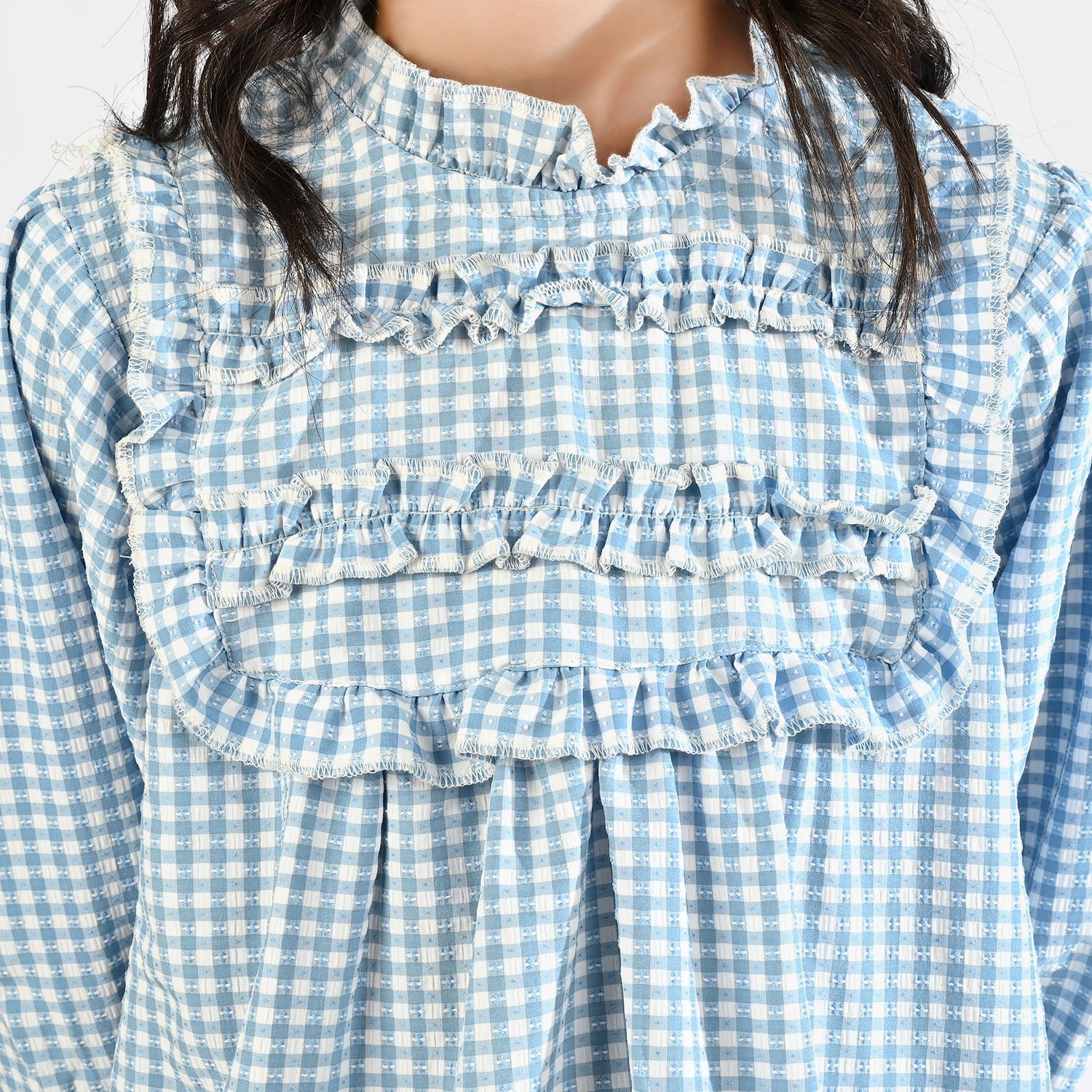 Girls Poly Jersey Casual Top Sky Checks-LIGHT BLUE - Image 2