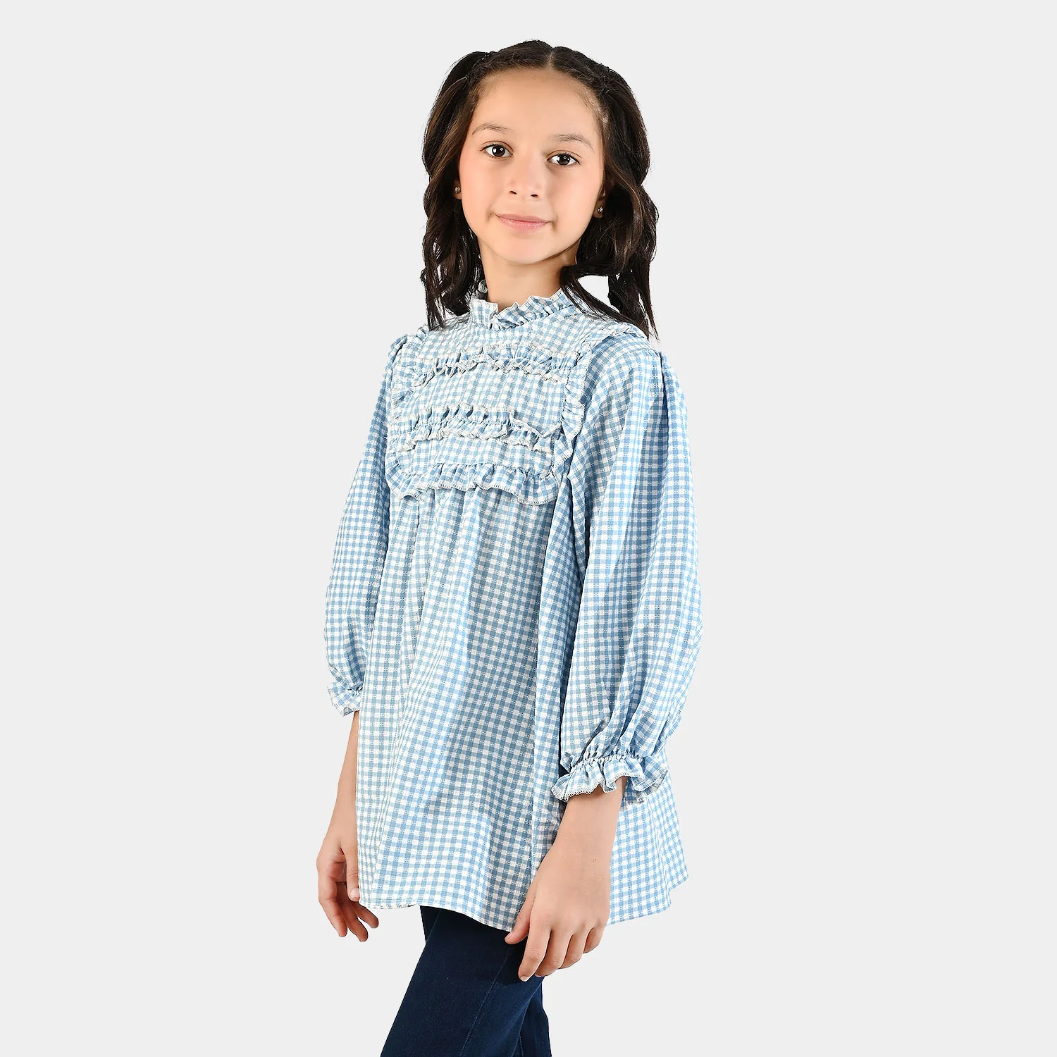 Girls Poly Jersey Casual Top Sky Checks-LIGHT BLUE - Image 3