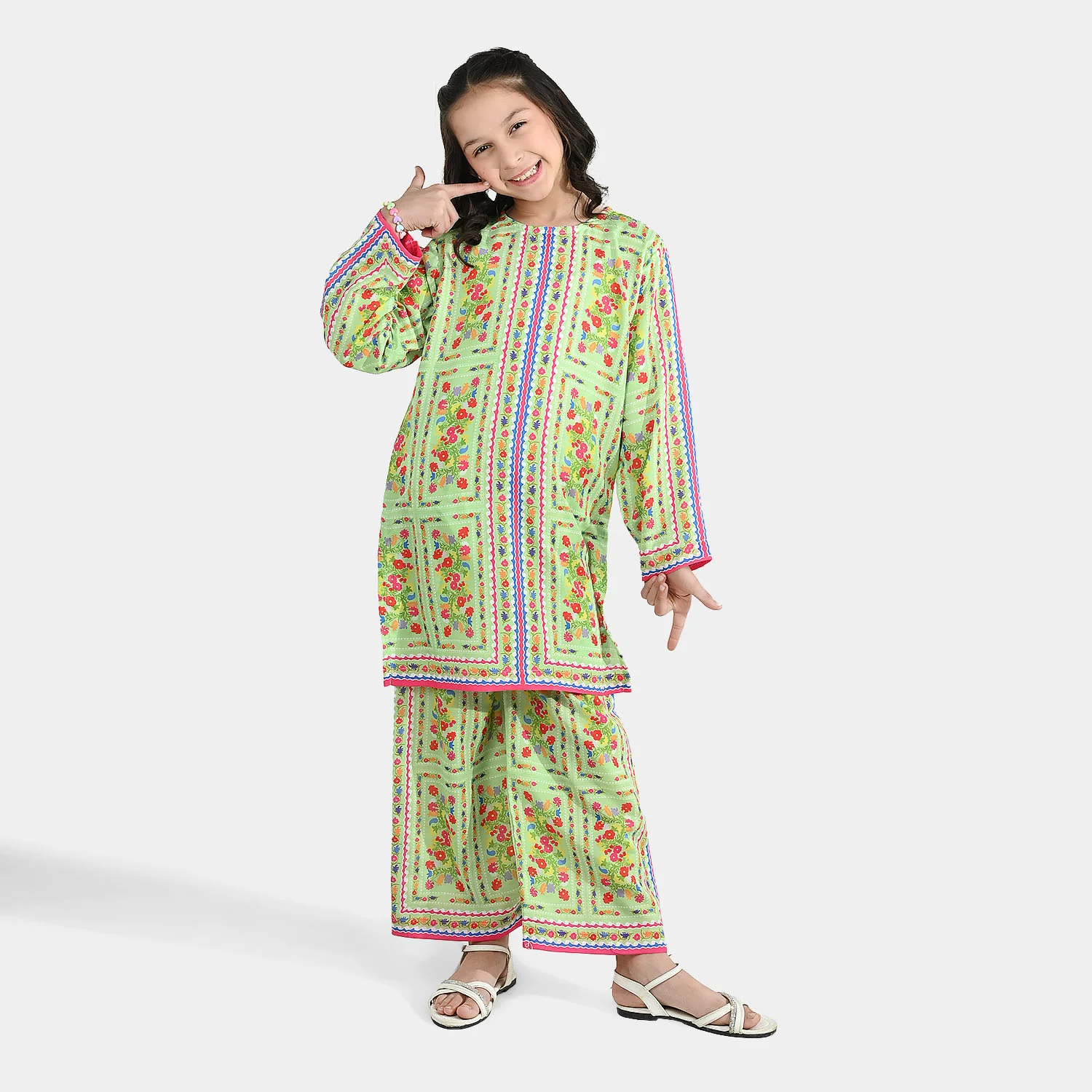 Girls Poly Lawn Printed 2-Piece Set (Rang Bhar) - Green - Image 2