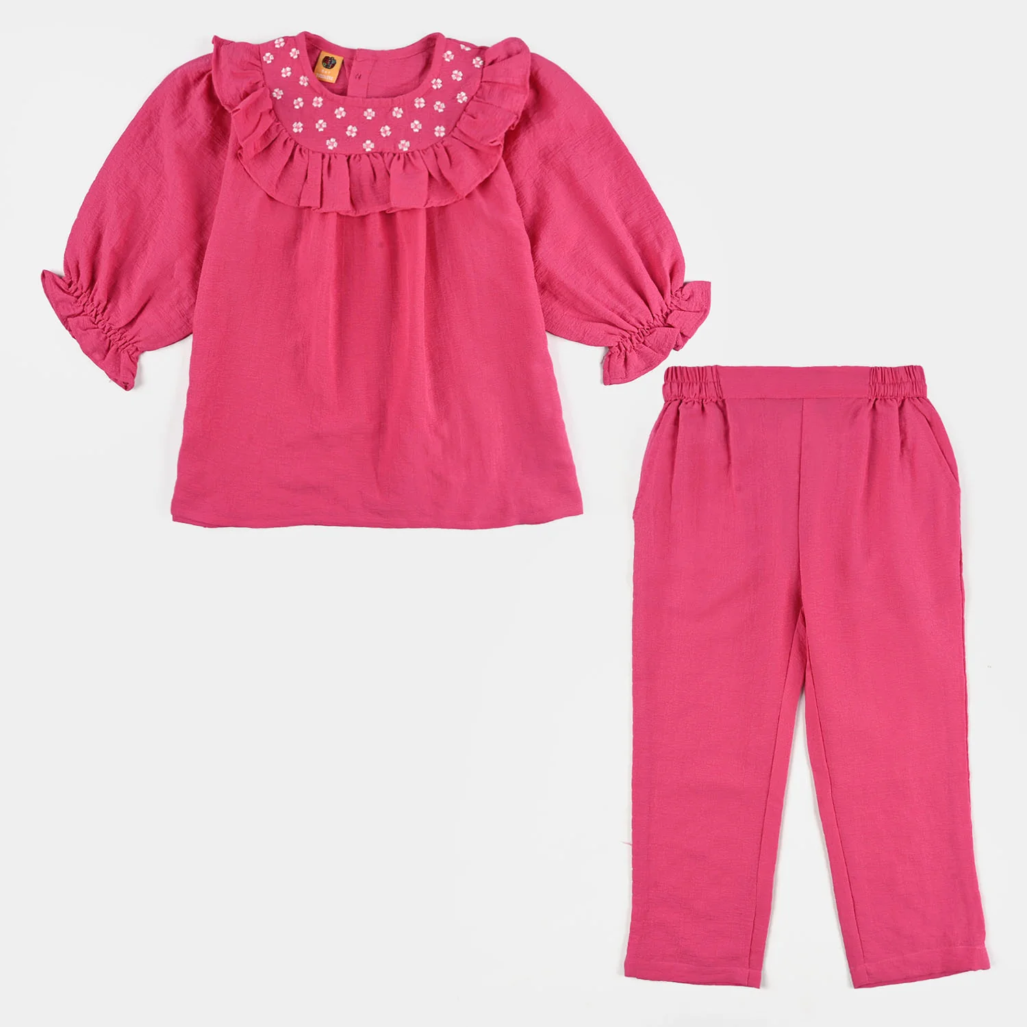 Girls Poly Mesh Embroidered Co-Ord Set - Pink