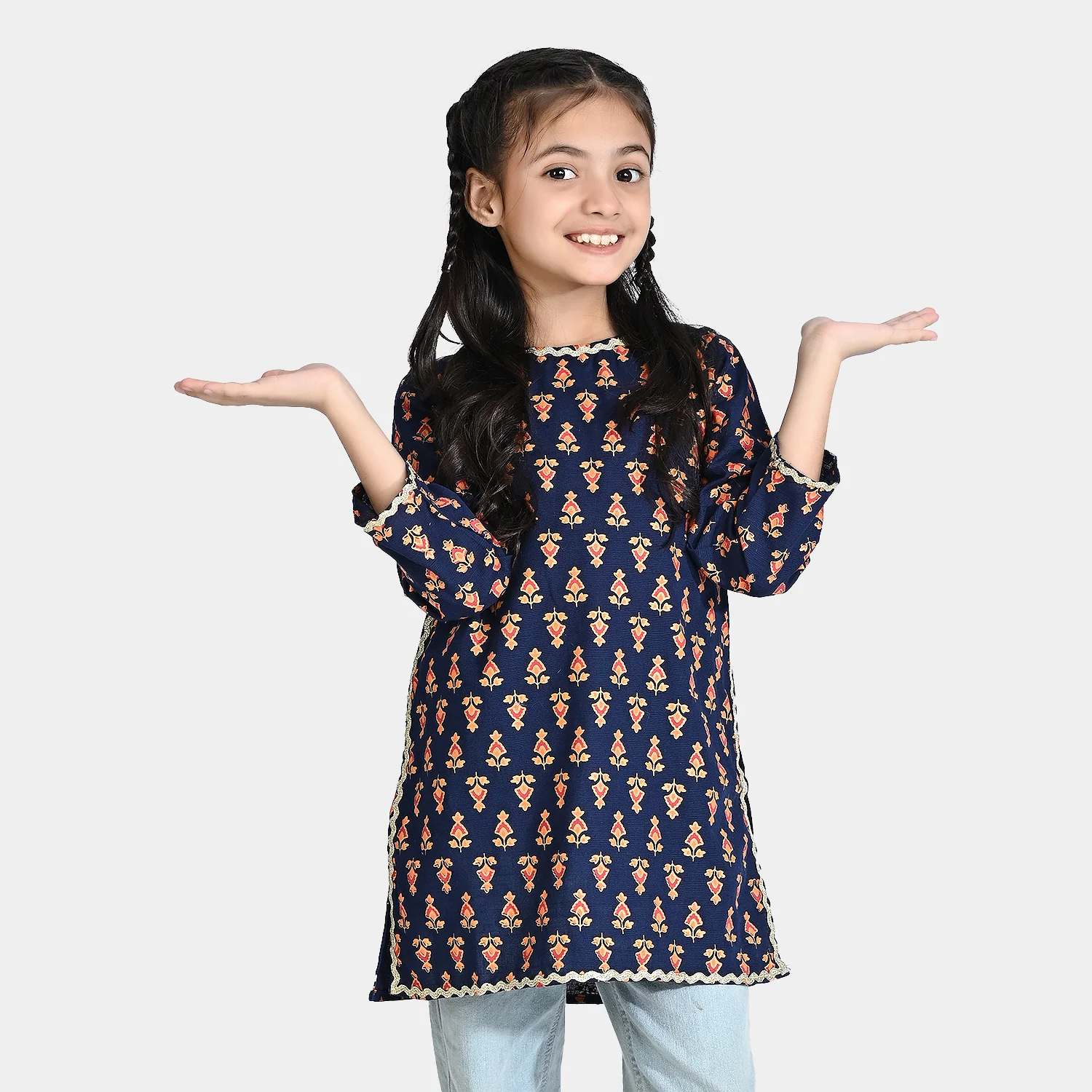 Girls Printed Cotton Slub Kurti Chin Boti -Navy Blue - Image 3