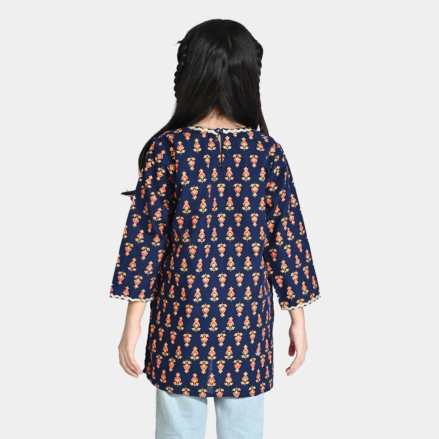 Girls Printed Cotton Slub Kurti Chin Boti -Navy Blue - Image 4