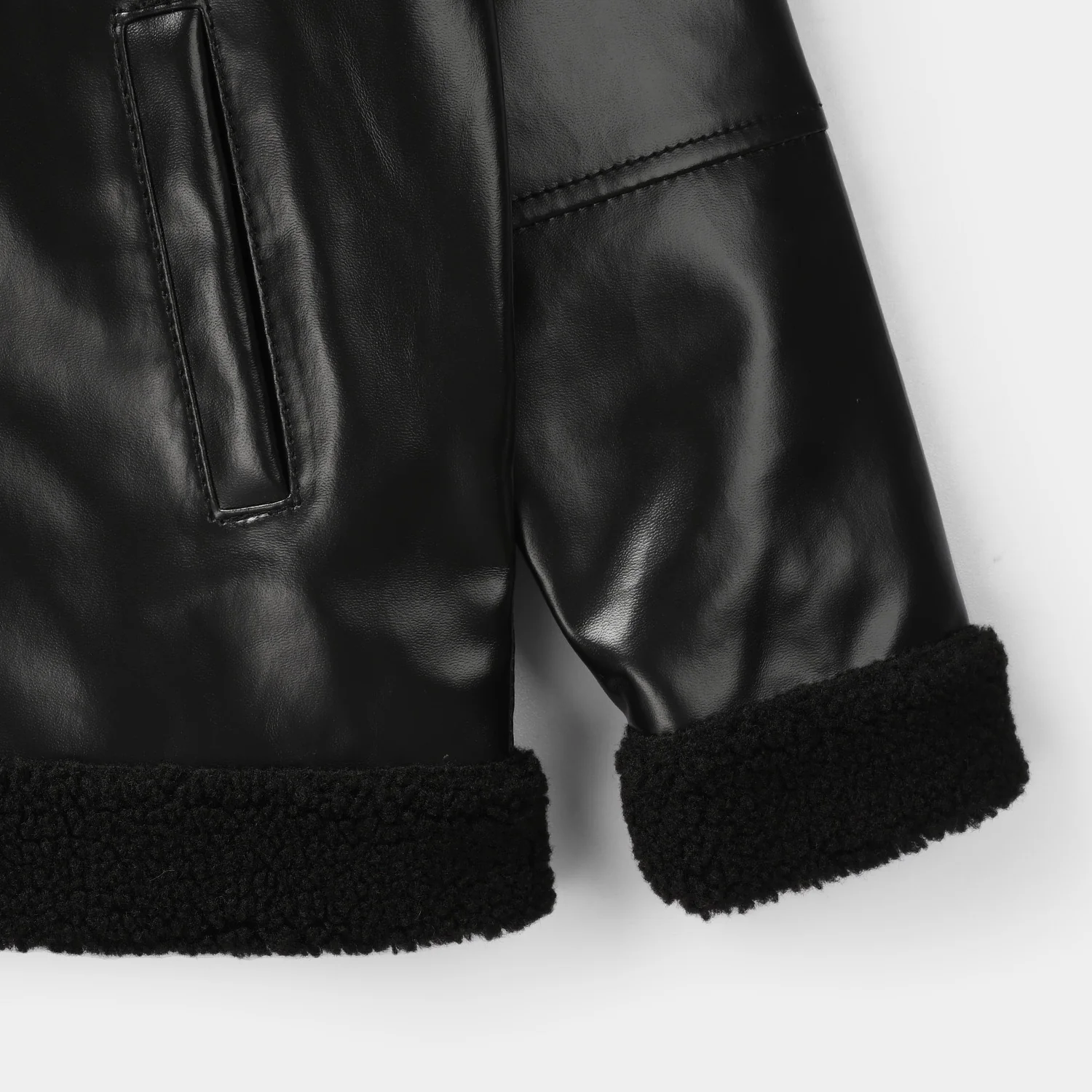 Girls Pu Jacket Sherpa Hem-BLACK - Image 3