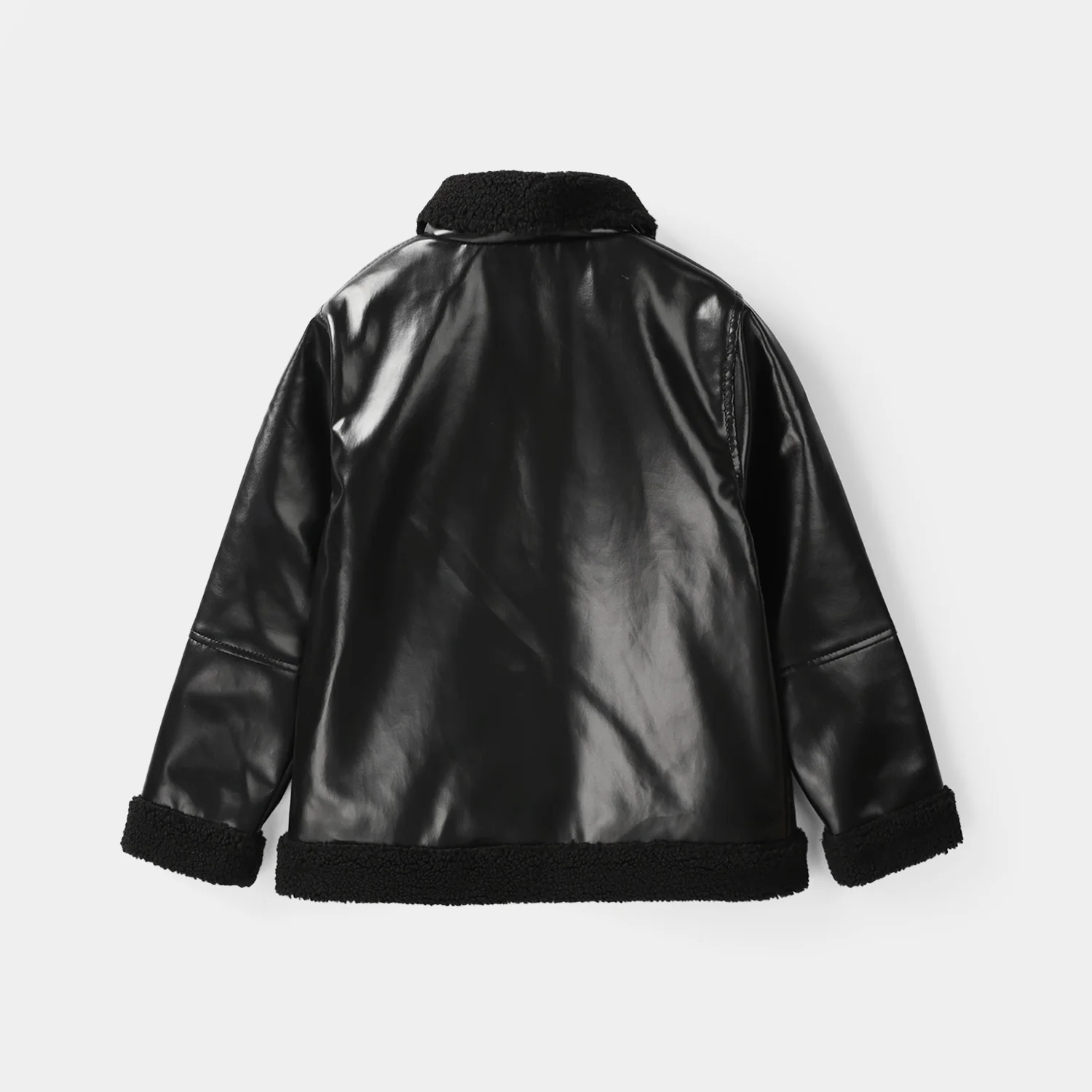 Girls Pu Jacket Sherpa Hem-BLACK - Image 4