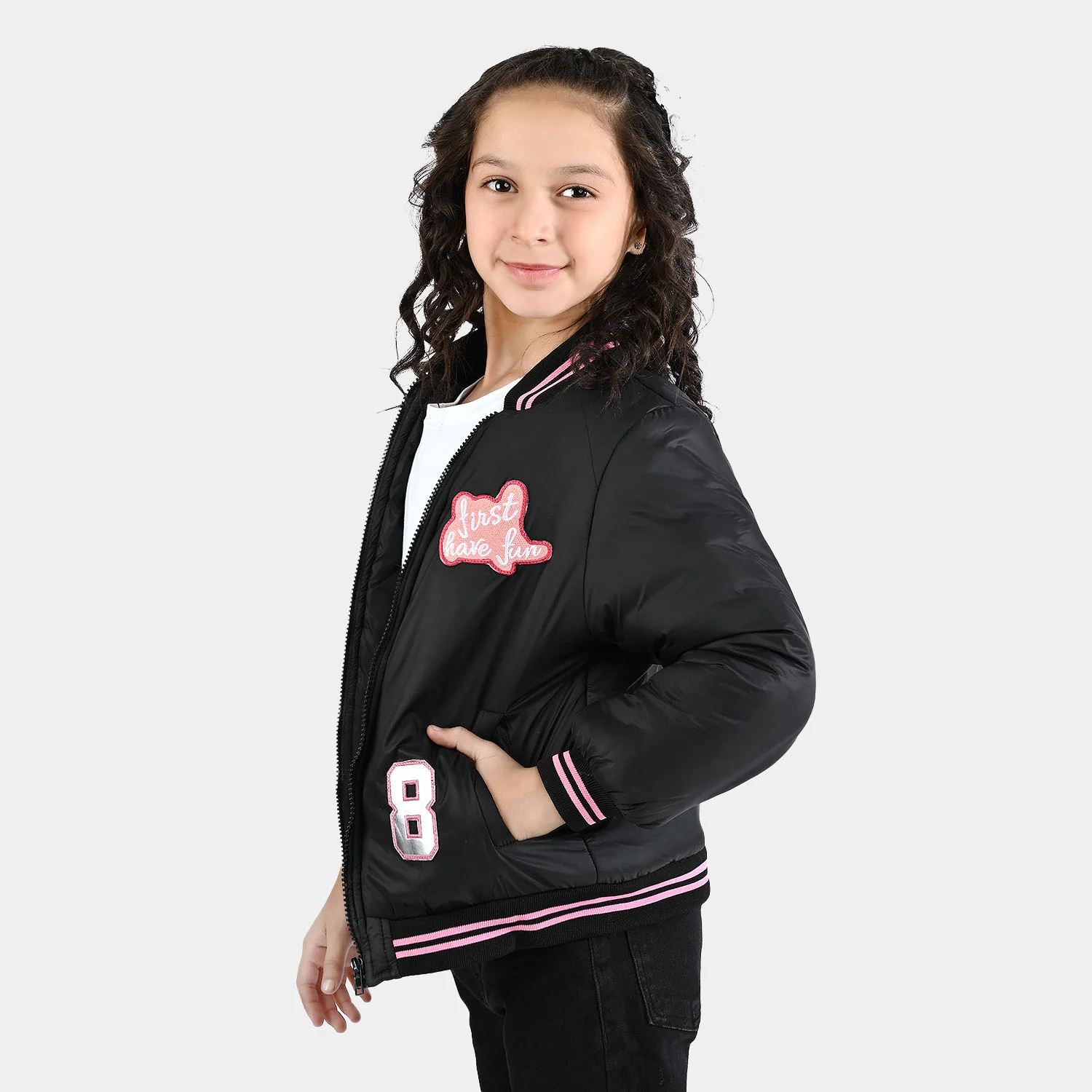 Girls Quilted Jacket F/S First Have Fun-BLACK - Image 4