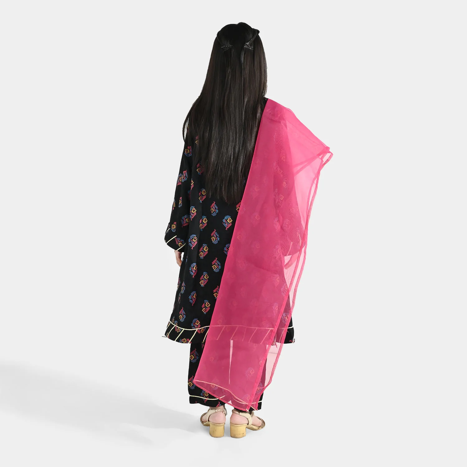 Girls Raw Silk 3-Pcs Suit (Aabroo) - Black - Image 5