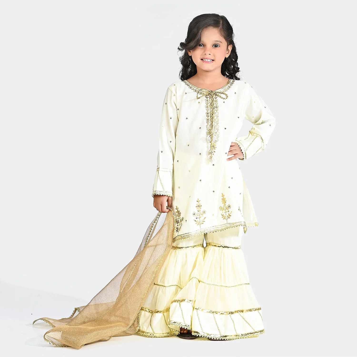 Girls Raw Silk 3Pcs Chaman - Cream