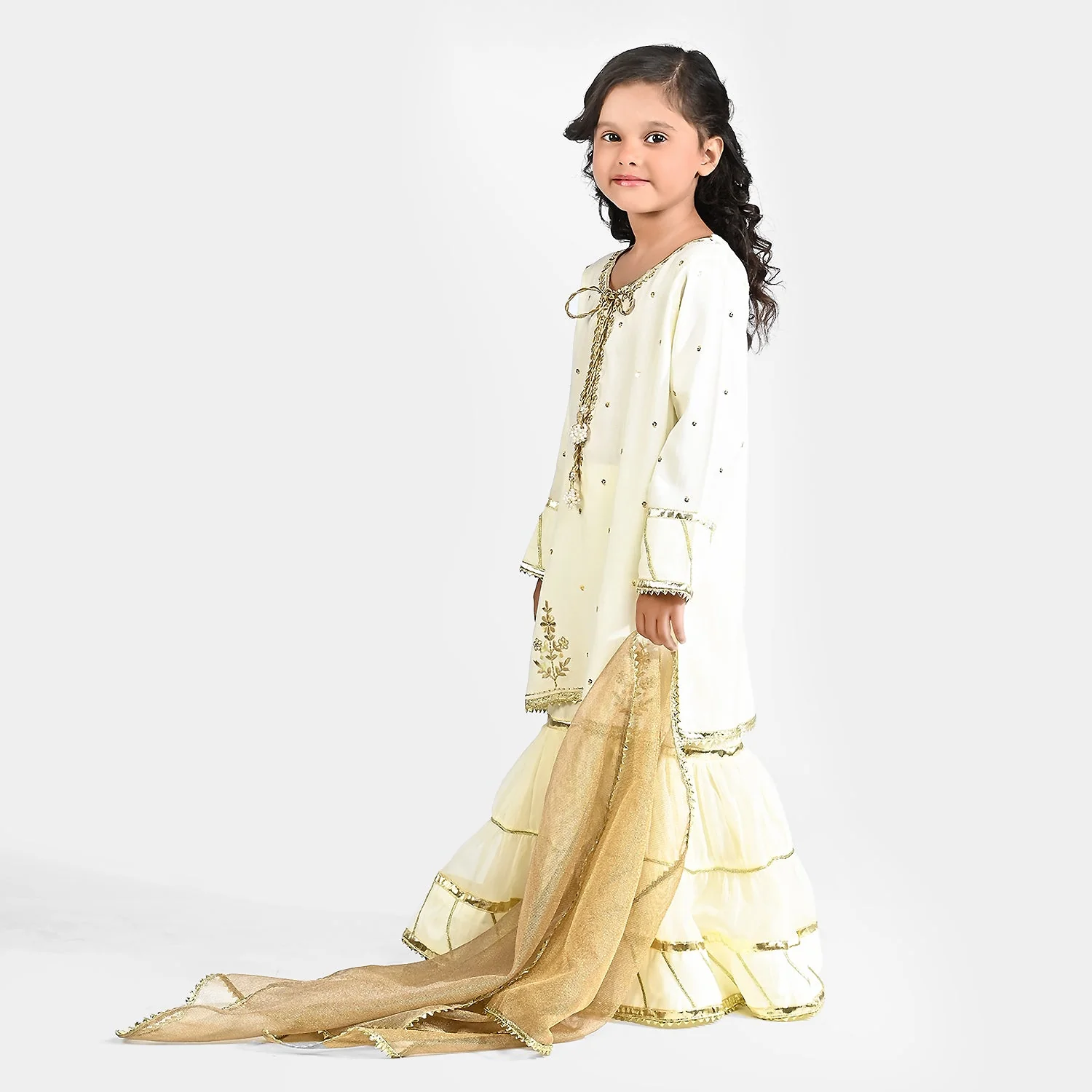 Girls Raw Silk 3Pcs Chaman - Cream - Image 2