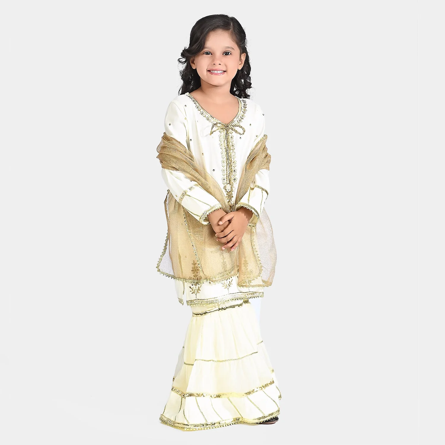 Girls Raw Silk 3Pcs Chaman - Cream - Image 4