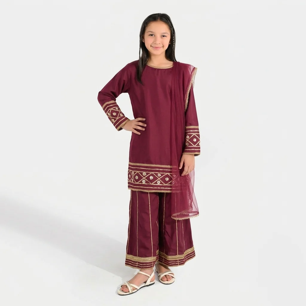 Girls Raw Silk 3-Piece Set (Jahan Ara) - Burgundy