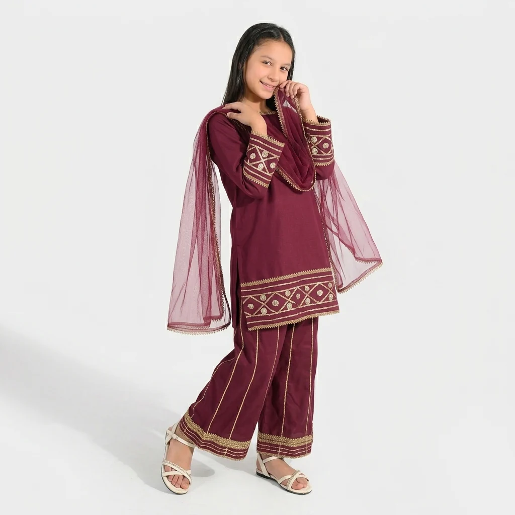 Girls Raw Silk 3-Piece Set (Jahan Ara) - Burgundy - Image 2