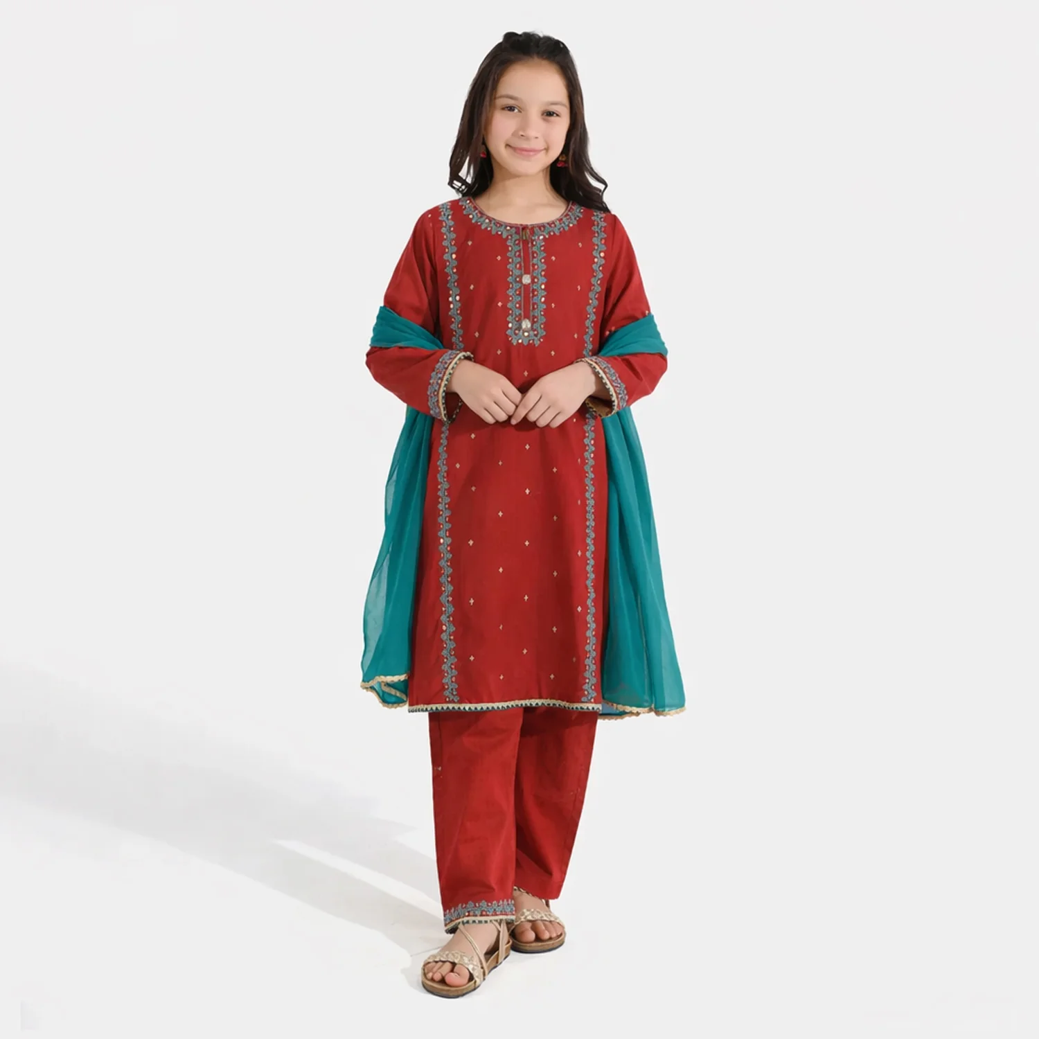 Girls Raw Silk 3Pcs Naqsh-Red