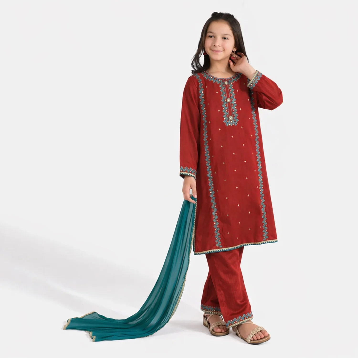 Girls Raw Silk 3Pcs Naqsh-Red - Image 2