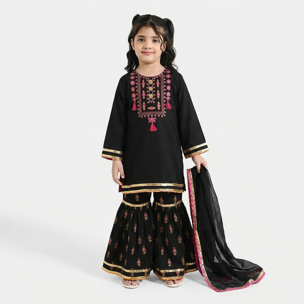Girls Raw Silk 3-Piece Suit (Rangrez) - Black