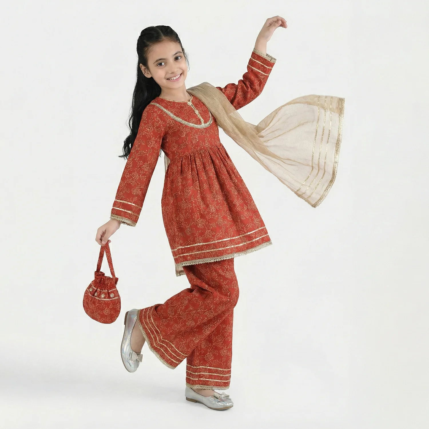 Girls Raw Silk 4PCs - Red - Image 2