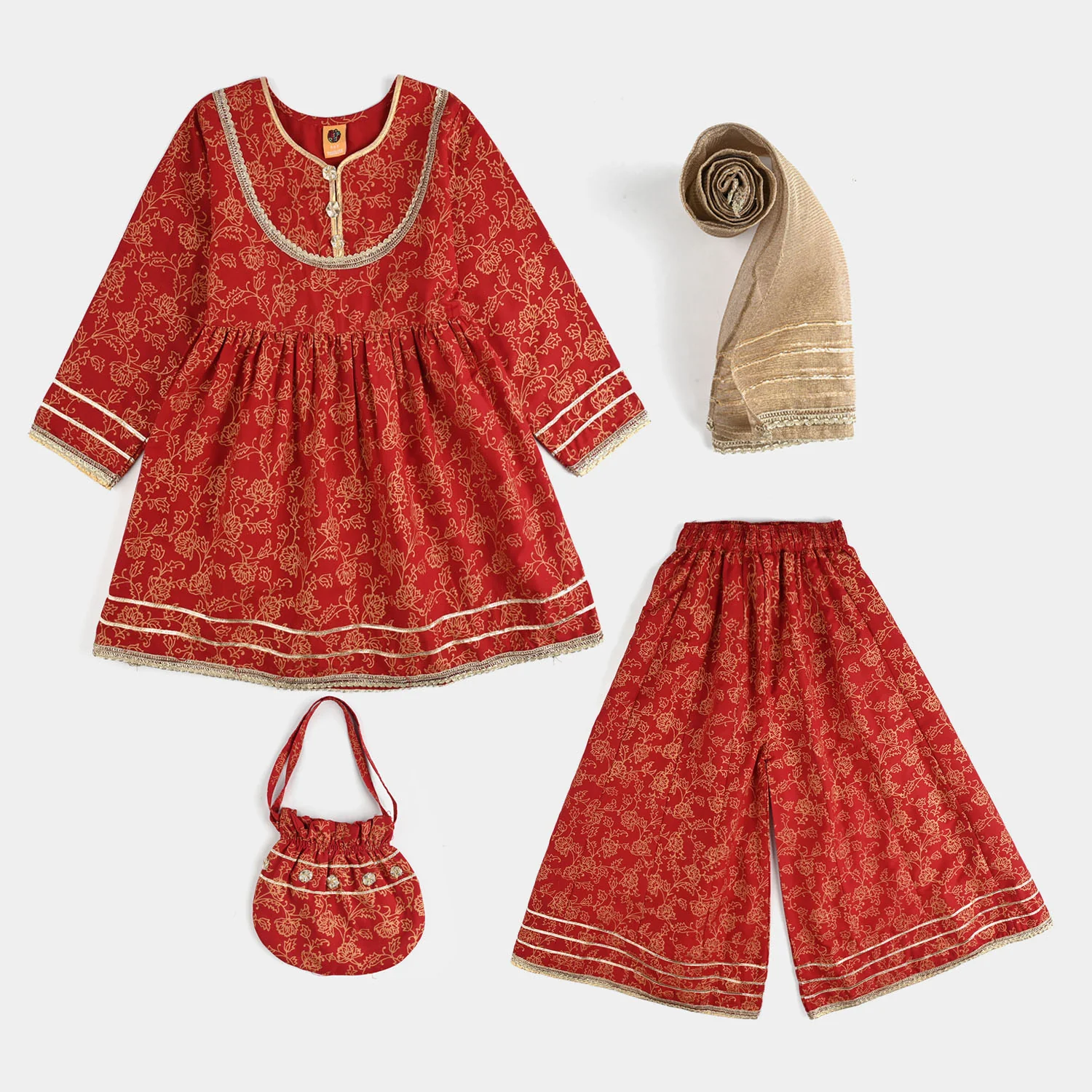 Girls Raw Silk 4PCs - Red - Image 4