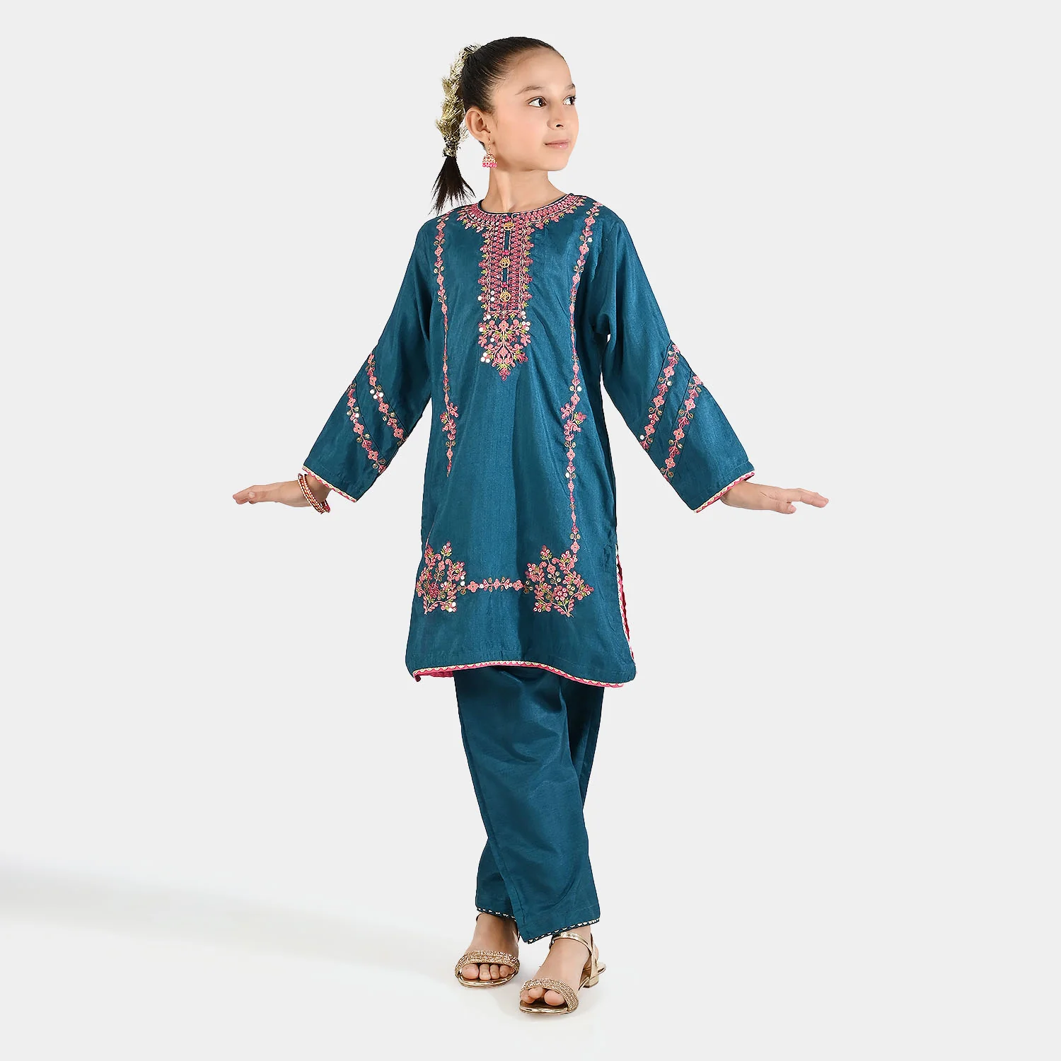 Girls Raw Silk Emb 2Pcs Geet-Green - Image 4
