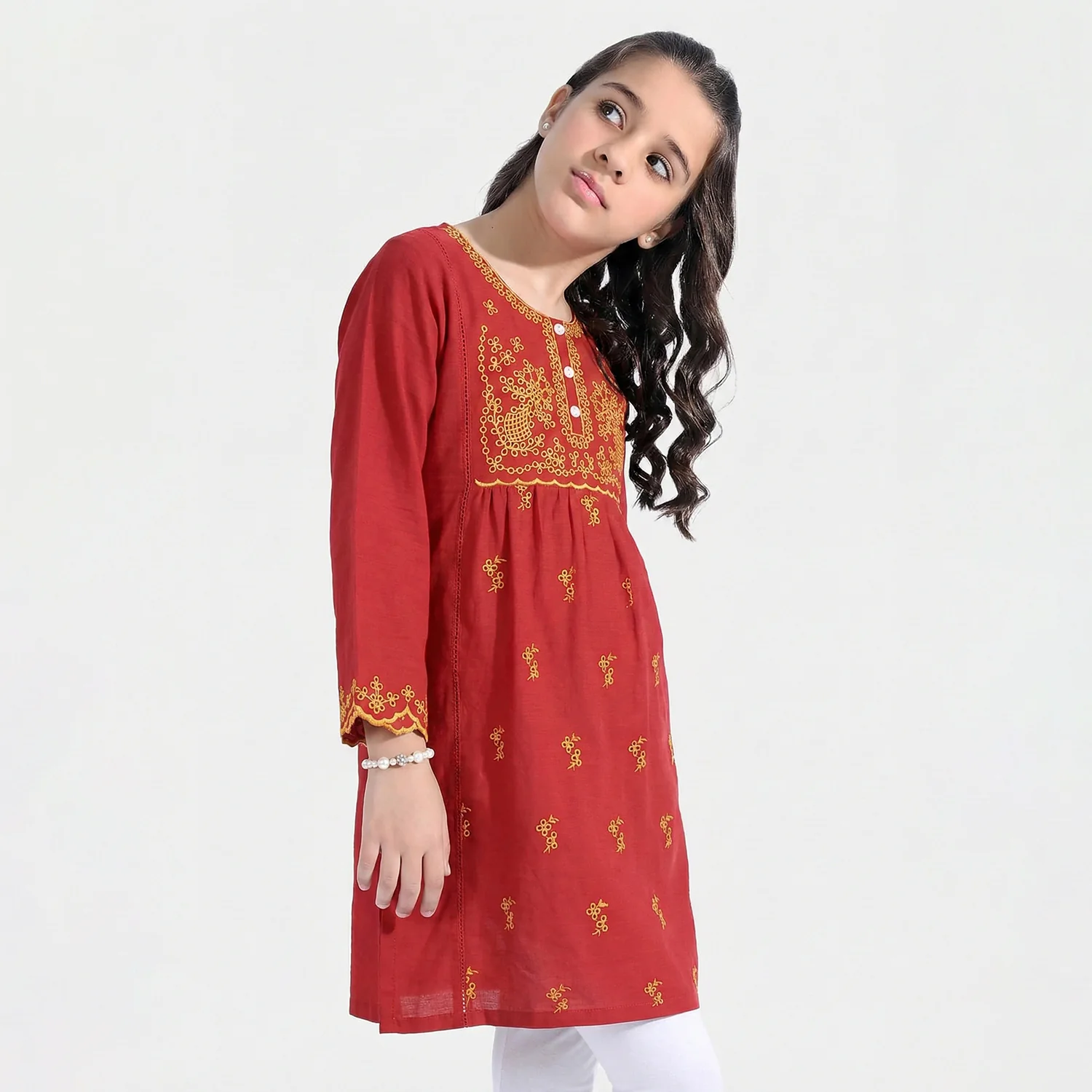 Girls Raw Silk Embroidered Kurti - Maroon - Image 3