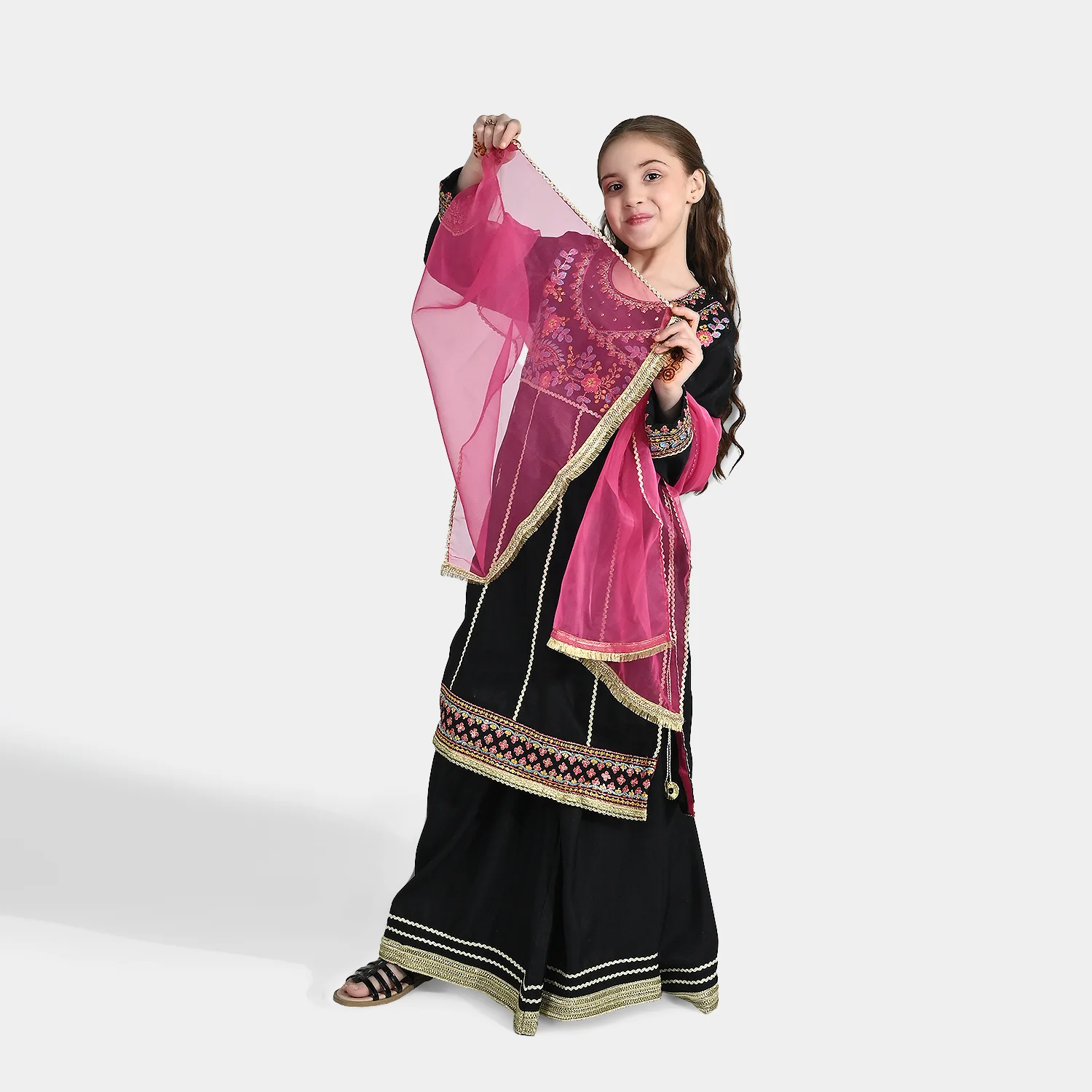 Girls Raw Silk Fancy 3Pcs - Black - Image 2