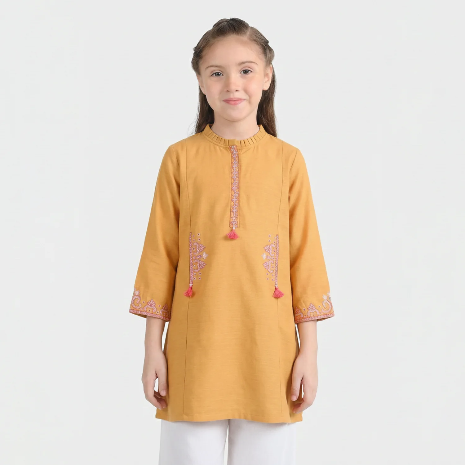 Girls Slub Jersey Embroidered Kurti - Mustard