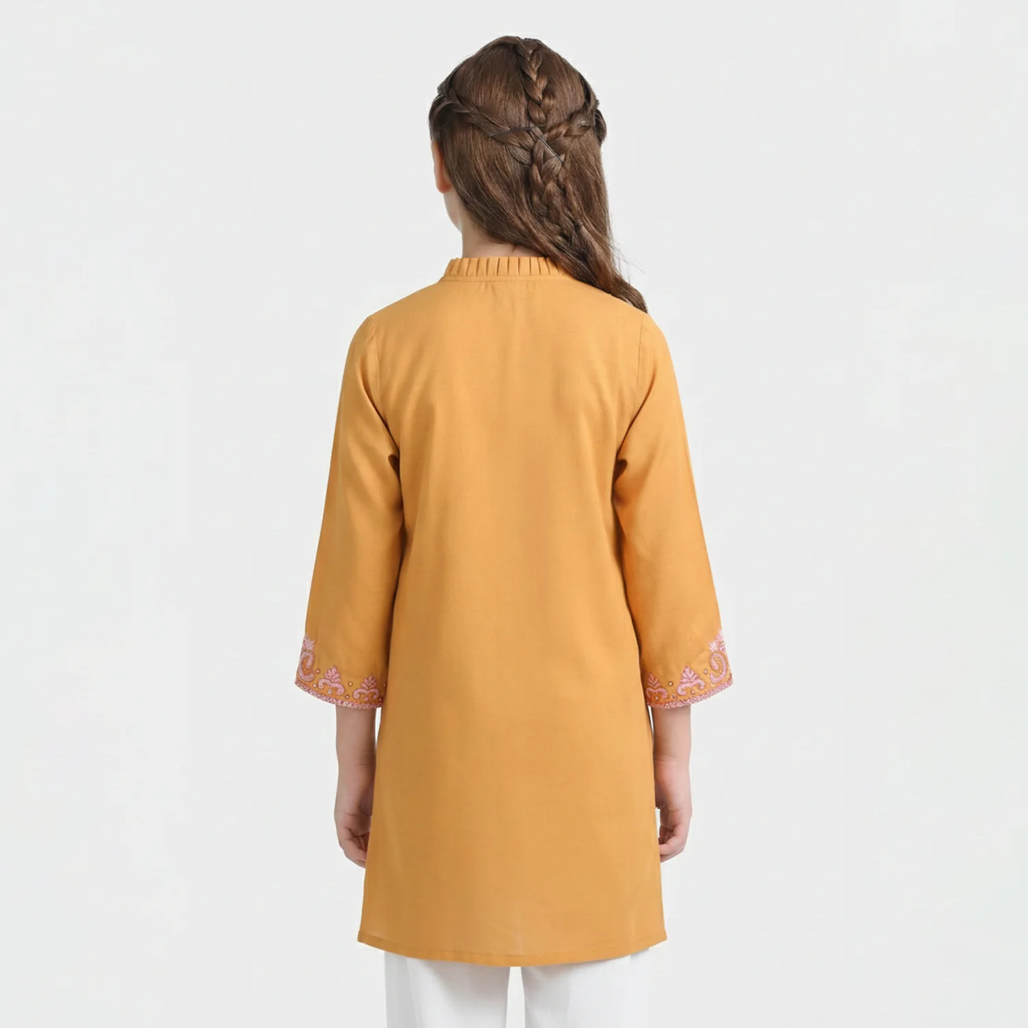 Girls Slub Jersey Embroidered Kurti - Mustard - Image 3