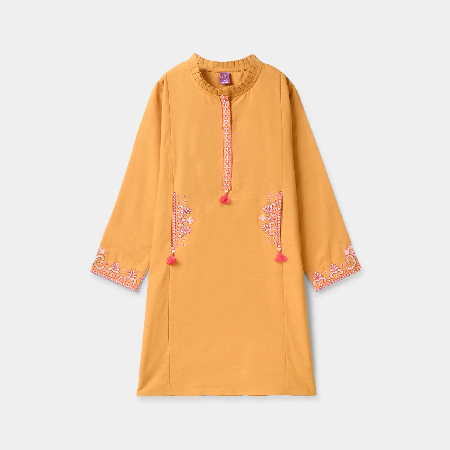 Girls Slub Jersey Embroidered Kurti - Mustard - Image 4