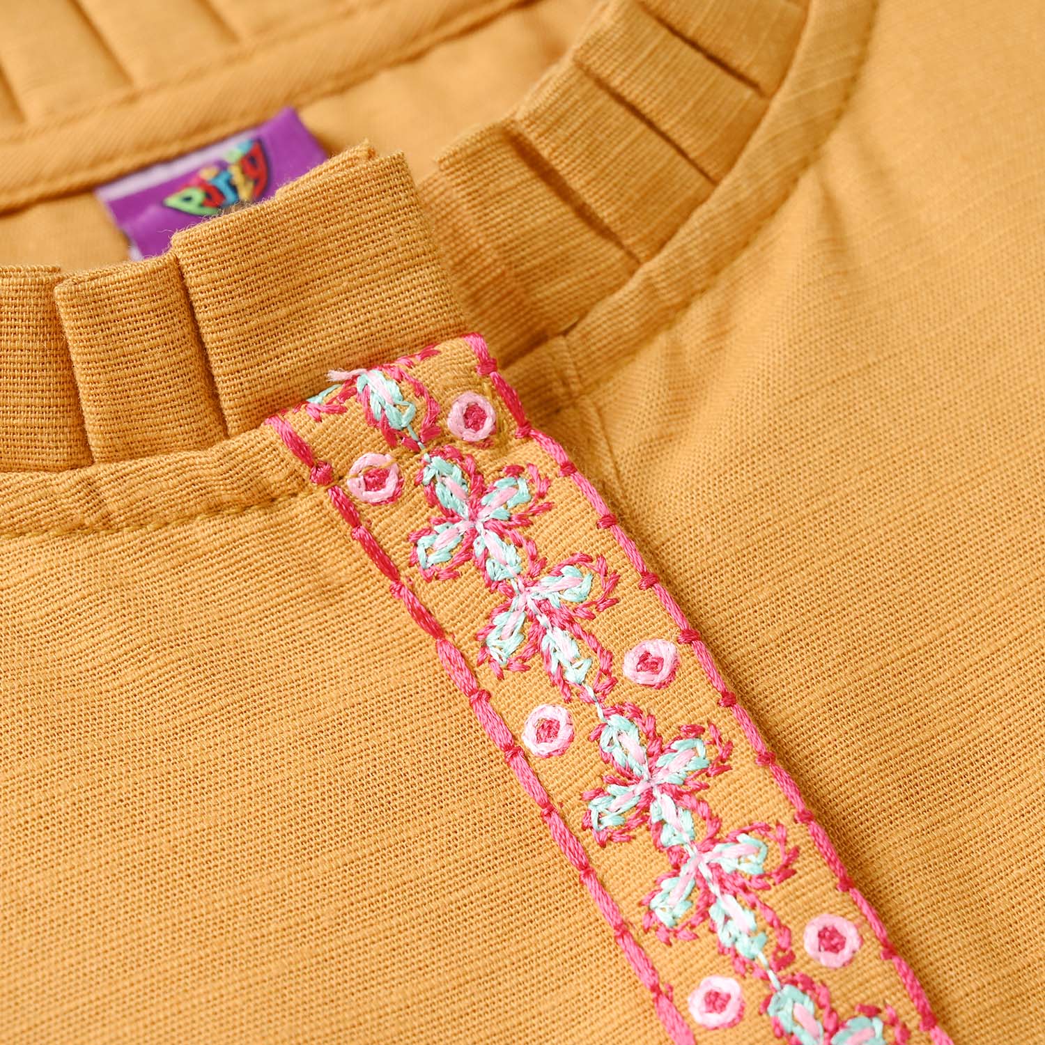 Girls Slub Jersey Embroidered Kurti - Mustard - Image 5
