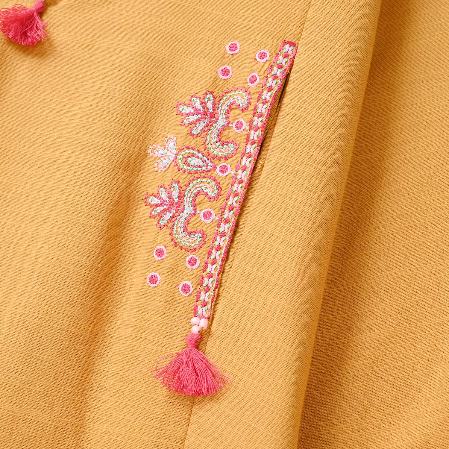 Girls Slub Jersey Embroidered Kurti - Mustard - Image 7