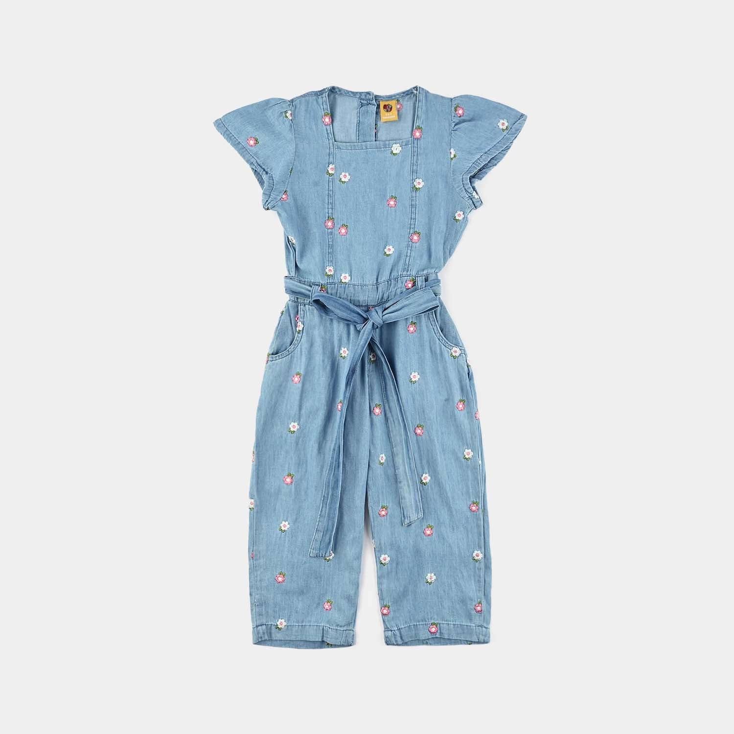 Girls Tencel Denim (Light Denim) Emb Jump Suit Frill-Blue