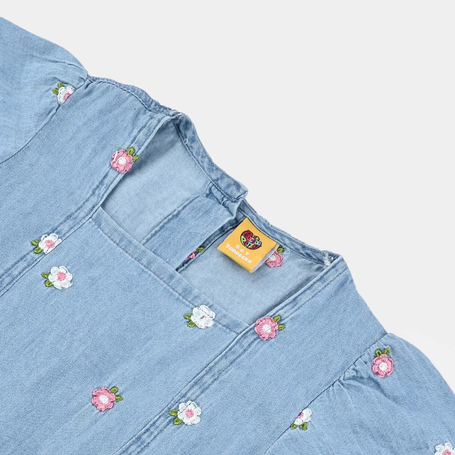 Girls Tencel Denim (Light Denim) Emb Jump Suit Frill-Blue - Image 2