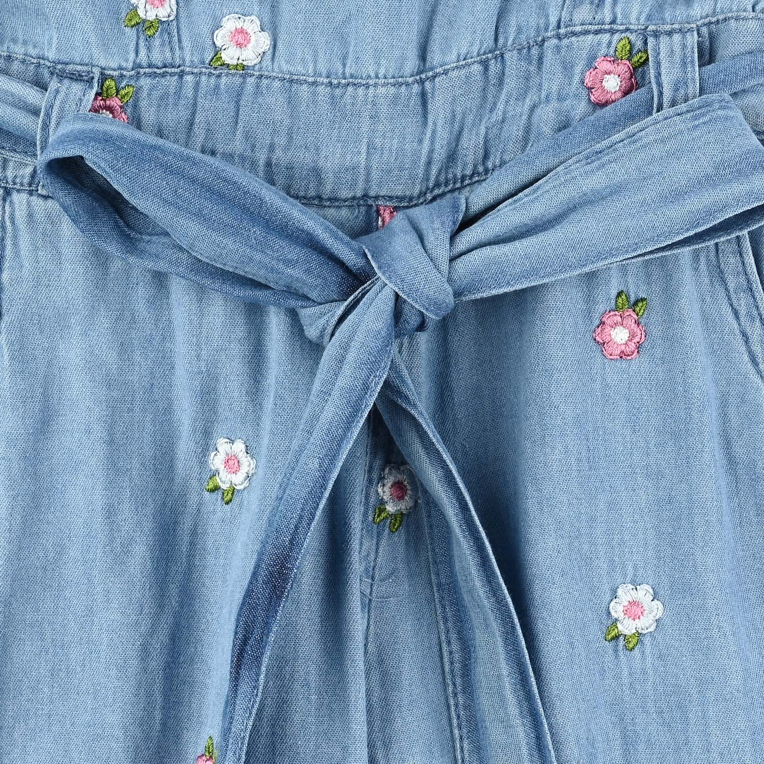 Girls Tencel Denim (Light Denim) Emb Jump Suit Frill-Blue - Image 3