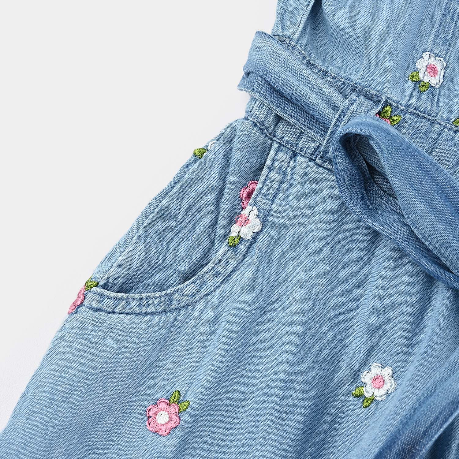 Girls Tencel Denim (Light Denim) Emb Jump Suit Frill-Blue - Image 4