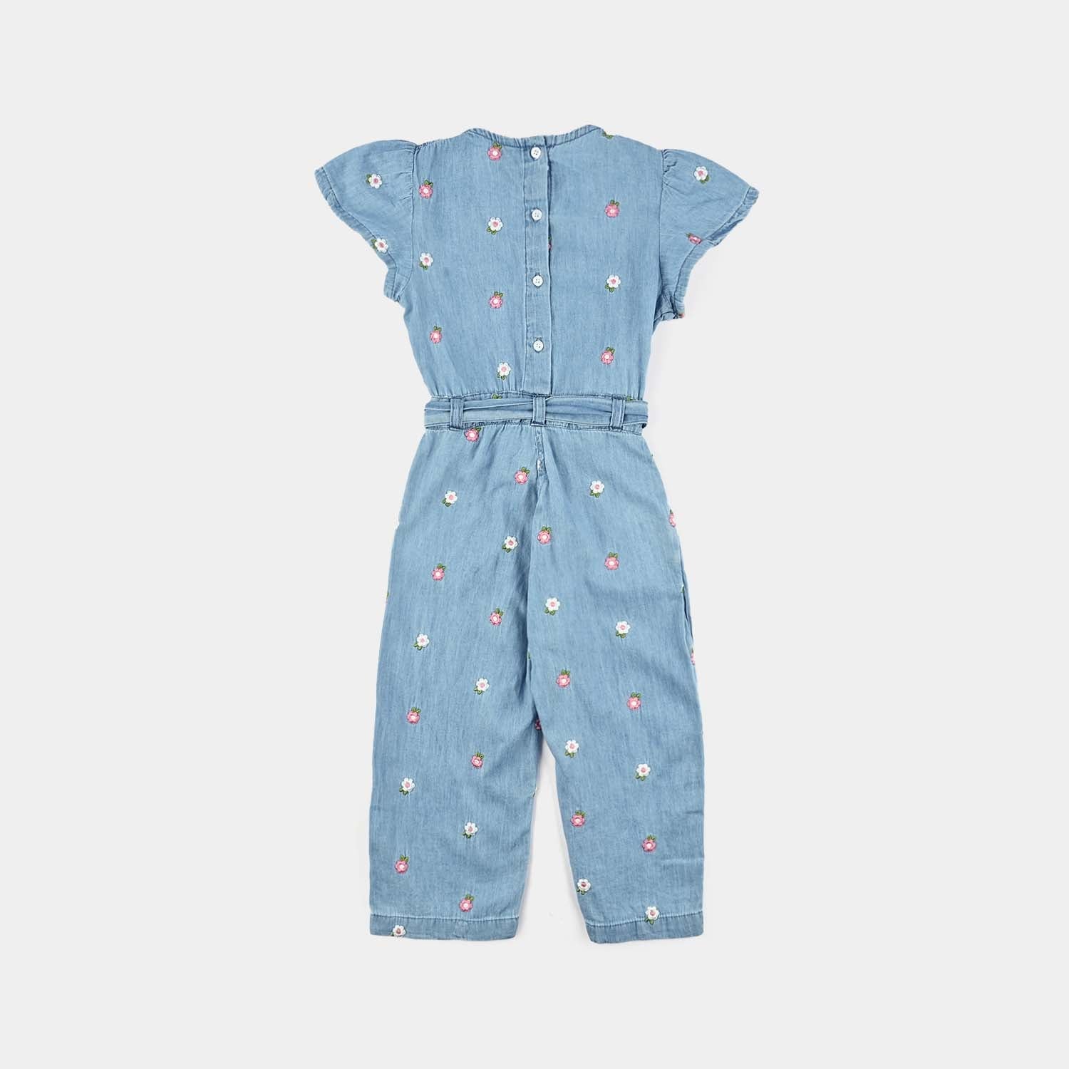 Girls Tencel Denim (Light Denim) Emb Jump Suit Frill-Blue - Image 5