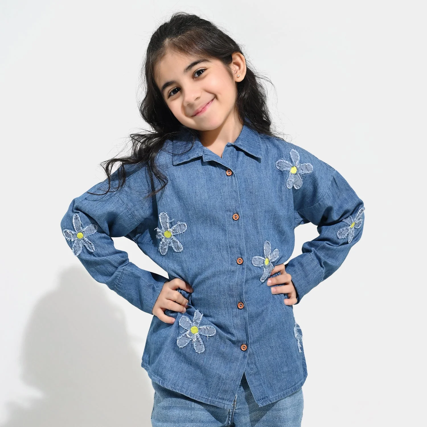 Girls Tencel Denim (Light Denim) Emb Top Flowers-Mid Blue - Image 3