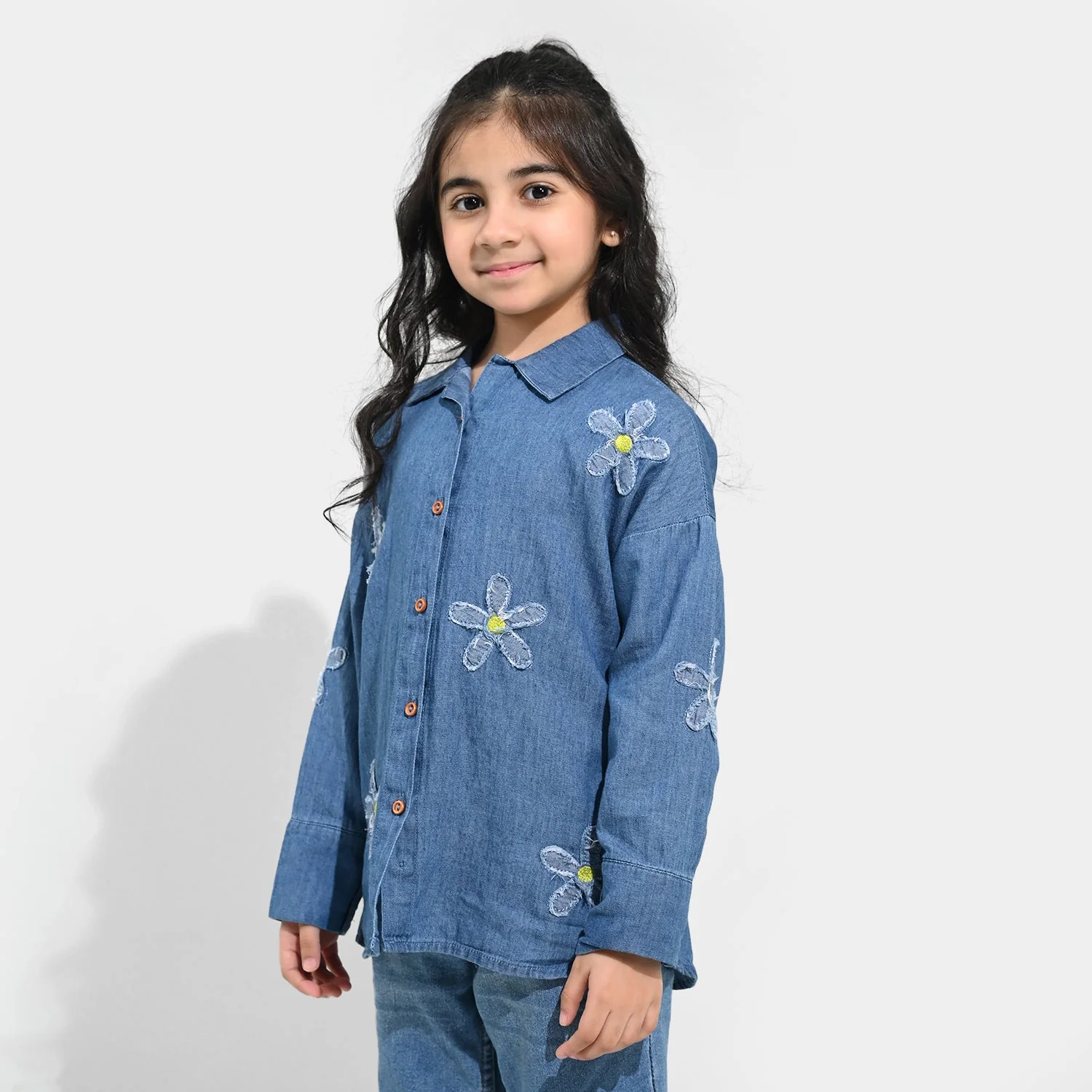 Girls Tencel Denim (Light Denim) Emb Top Flowers-Mid Blue - Image 4