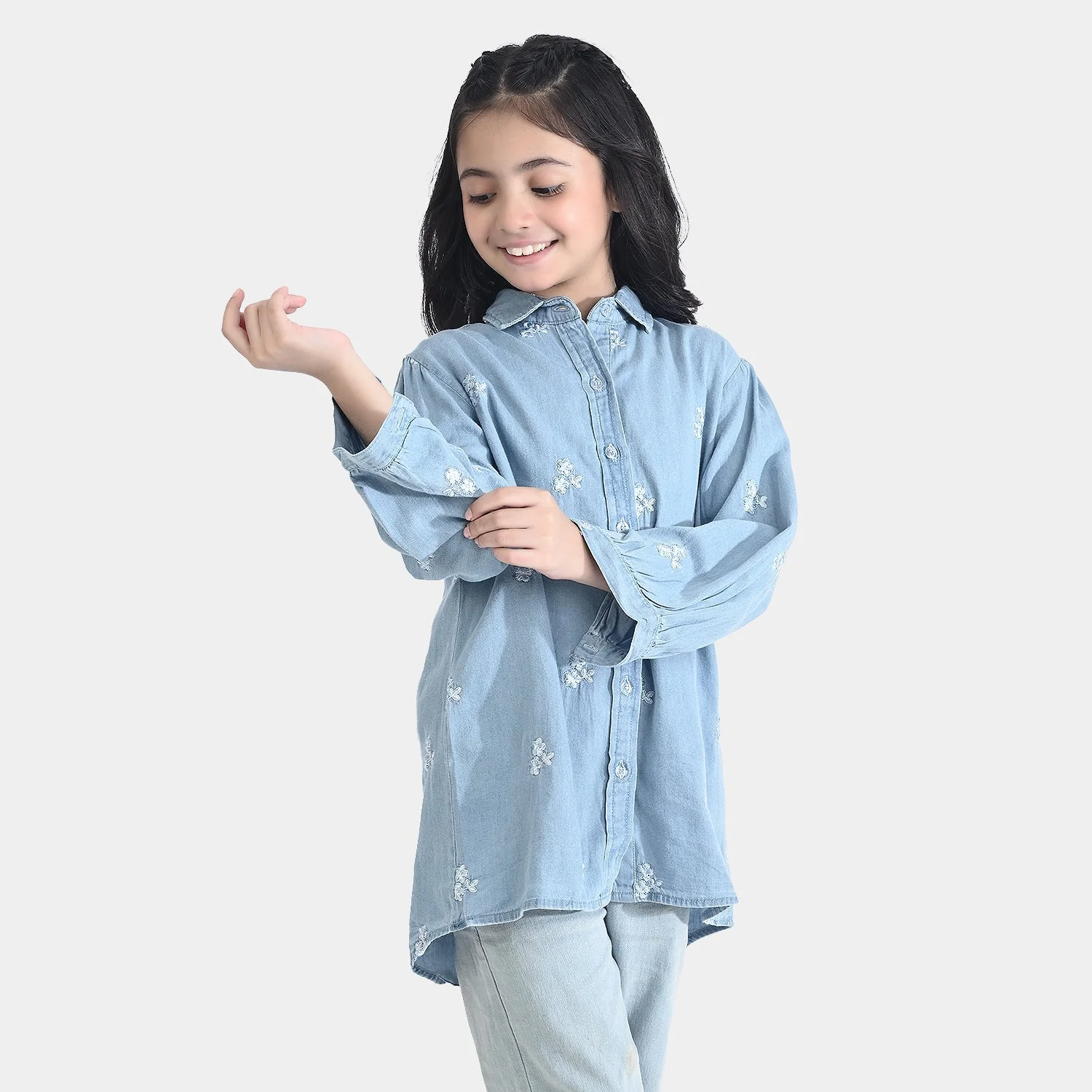Girls Tencel Denim (Light Denim) Emb Top-Ice Blue - Image 3