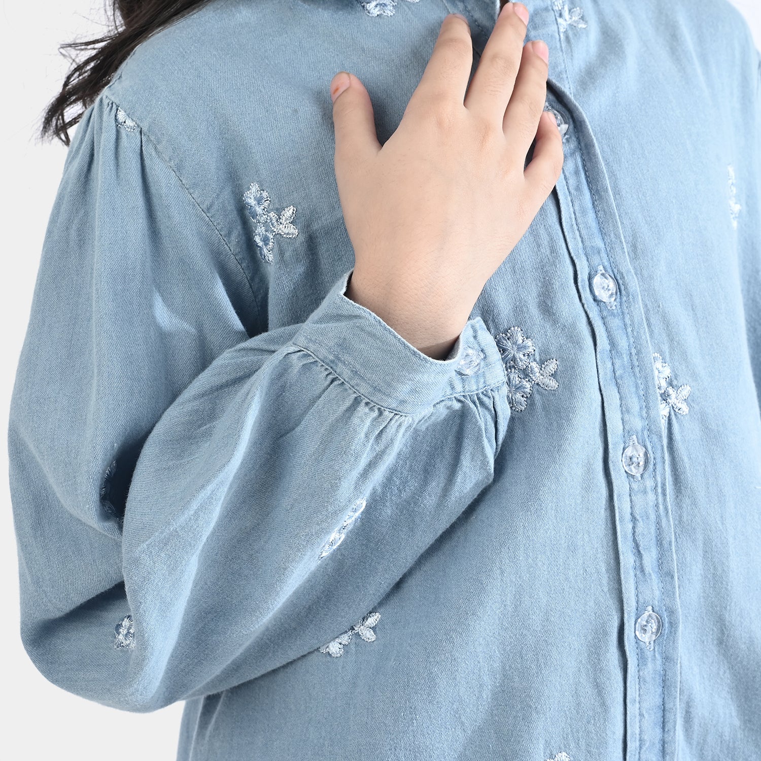 Girls Tencel Denim (Light Denim) Emb Top-Ice Blue - Image 4