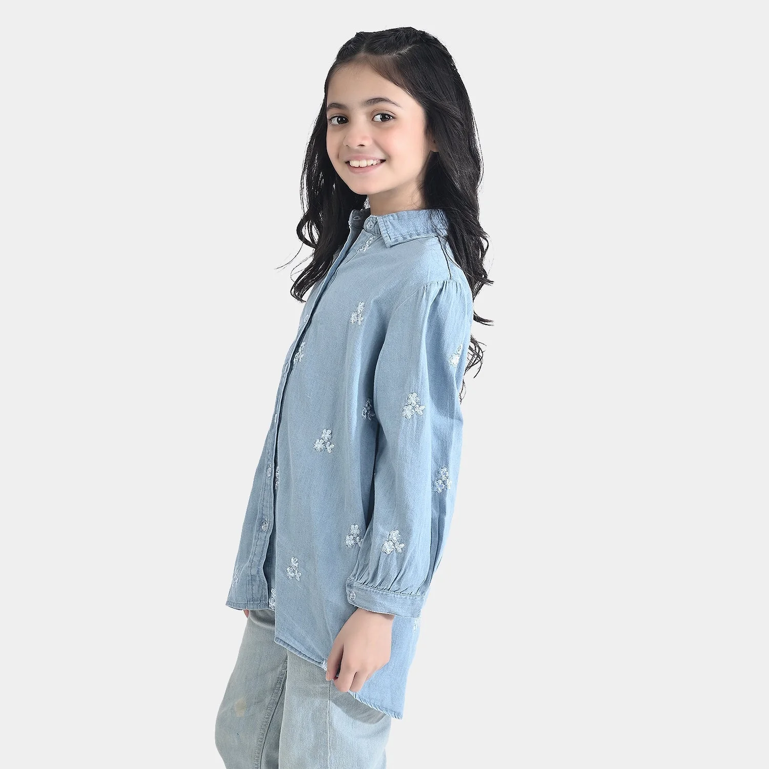 Girls Tencel Denim (Light Denim) Emb Top-Ice Blue - Image 5