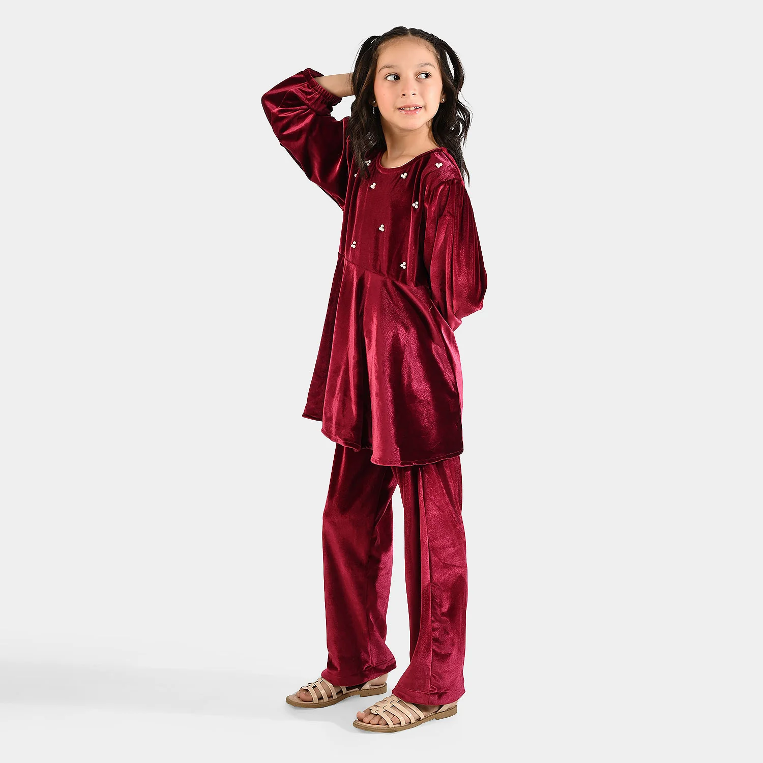 Girls Velvet Co-Set Maroon Love-MAROON - Image 2