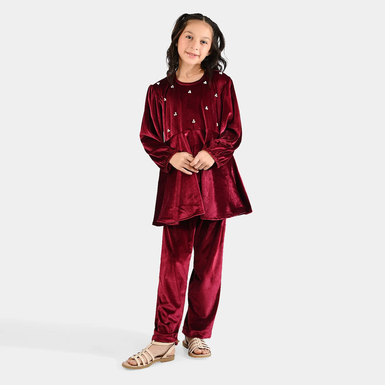 Girls Velvet Co-Set Maroon Love-MAROON - Image 3