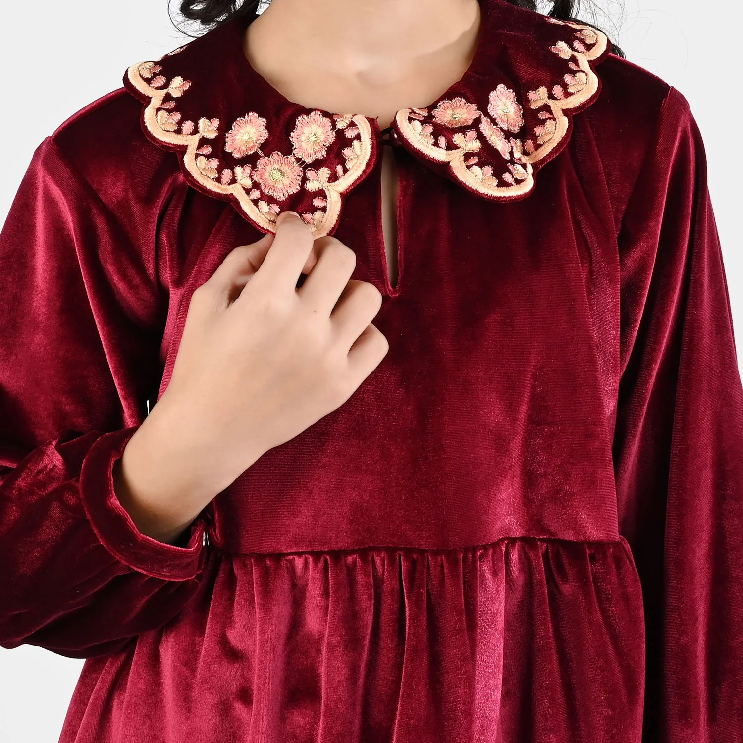 Girls Velvet Emb Top - Maroon - Image 2