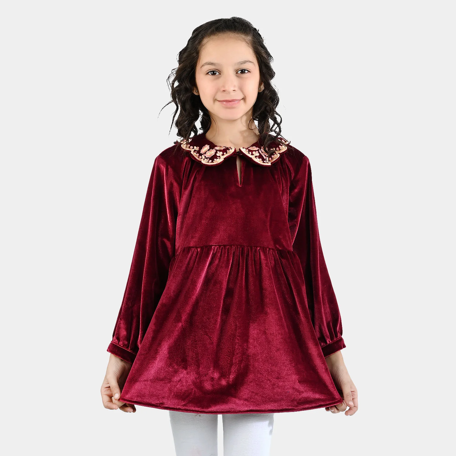 Girls Velvet Emb Top - Maroon - Image 3