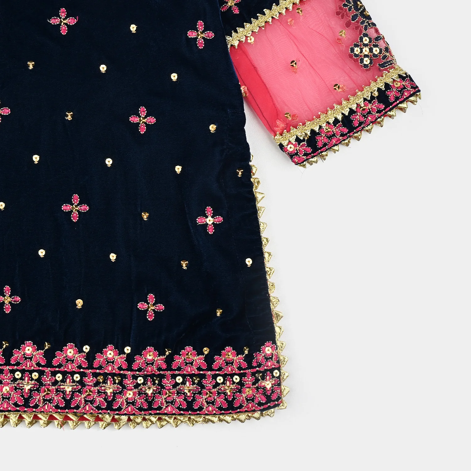 Girls Velvet Fancy 3Pcs Dhanak-Teal blue - Image 6