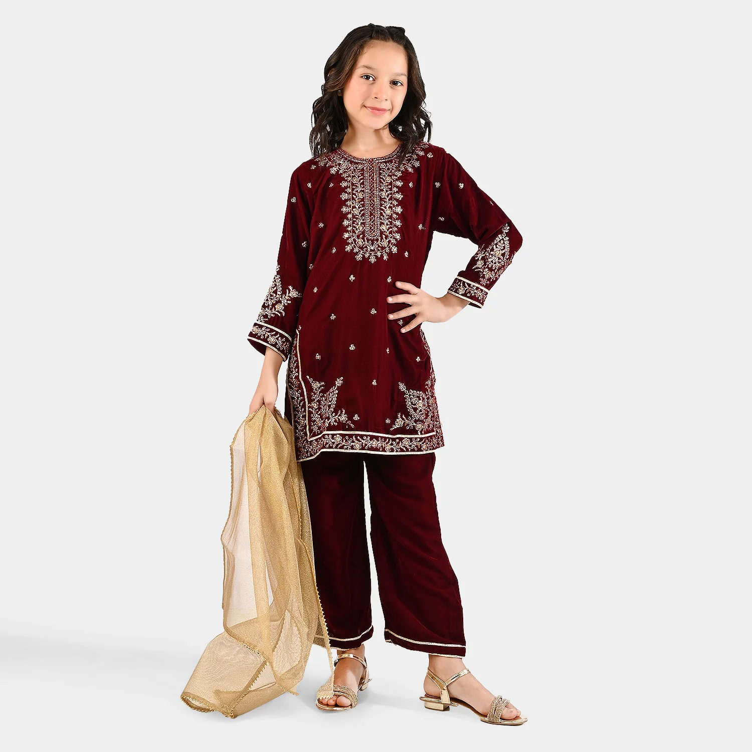 Girls Velvet Fancy 3Pcs - Maroon - Image 3