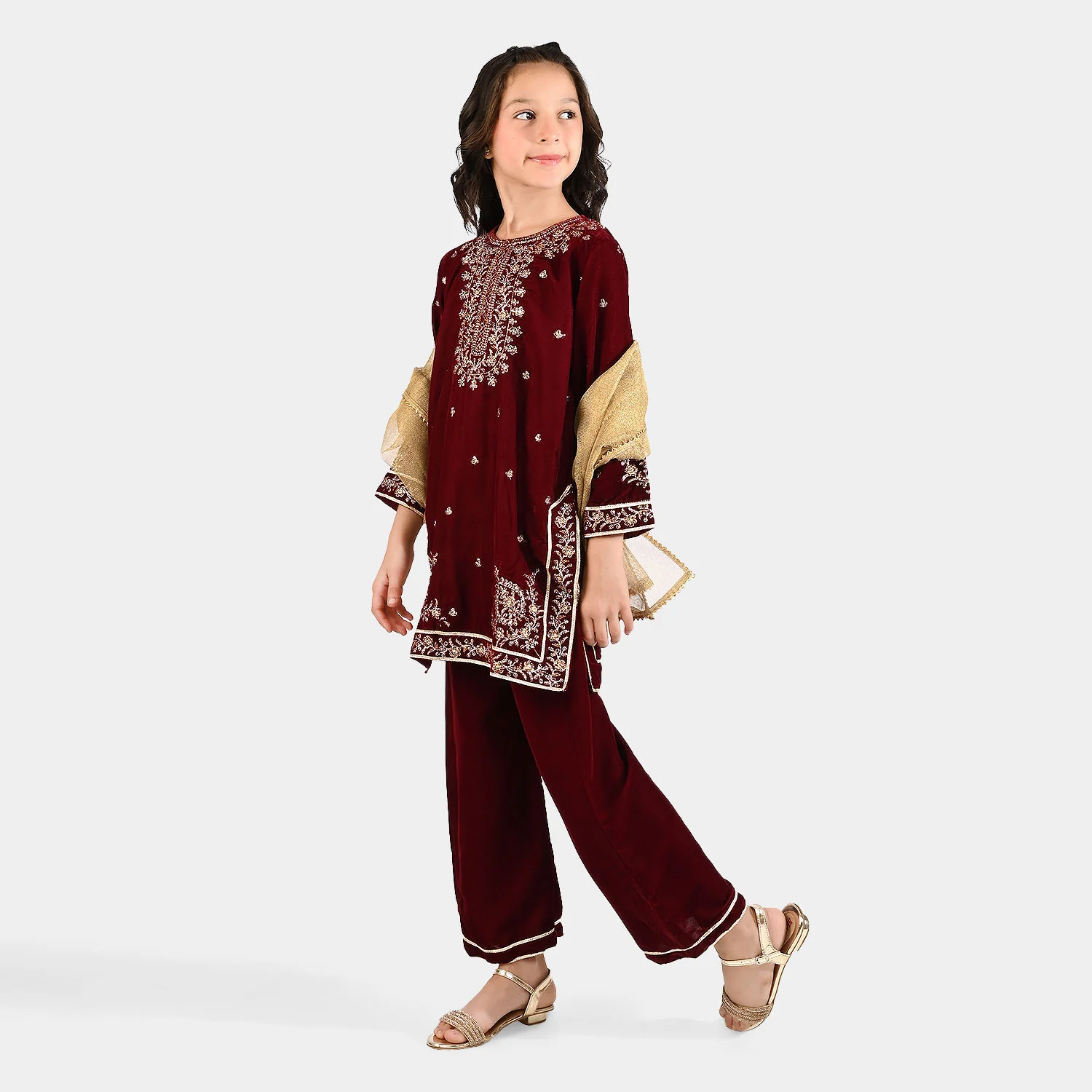 Girls Velvet Fancy 3Pcs - Maroon - Image 4